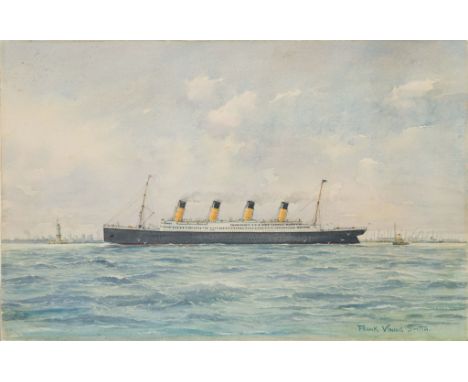 FRANK VINING SMITH (AMERICAN, 1879-1967), R.M.S. ~Titanic~ depicted in profile with Southampton at her stern and New York wit