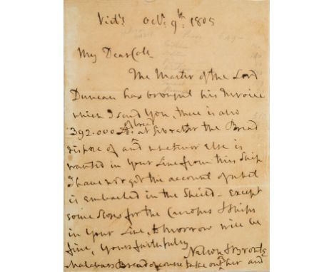 A MANUSCRIPT LETTER FROM LORD NELSON TO ADMIRAL COLLINGWOOD, OCTOBER 9TH, 1805, single sheet written aboard the Victory in hi