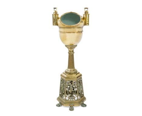A FINE AND DECORATIVE BRASS BINNACLE COMPASS, POSSIBLY MADE FOR THE CLAN LINE, CIRCA 1880, the 9in. Lord Kelvin-type compass 