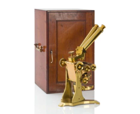 A RARE WENHAM & STEPHENSON PATTERN BINOCULAR MICROSCOPE BY ROSS, LONDON, CIRCA 1870, heavily constructed in lacquered brass, 