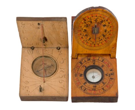 A MID 18TH-CENTURY FRUITWOOD POCKET SUNDIAL, unsigned, the inner surfaces both engraved and stamped with hour divisions and m