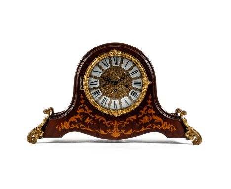 A GILT METAL MOUNTED MARQUETRY INLAID MAHOGANY MANTEL CLOCKWith triple train movement, 62cm wide; 17cm deep; 36cm high