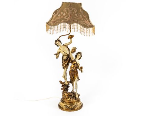 L & F MOREAU; A FIGURAL POLYCHROME PAINTED METAL FIGURAL TABLE LAMP OF BACCHUS AND MUSEOn stepped circular base, with glass b