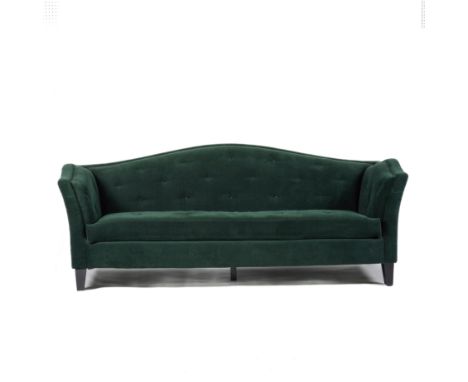 COACH HOUSE; A BUTTONBACK FOREST GREEN UPHOLSTERED SOFAOn square tapering ebonised supports, 224cm wide; 86cm highCondition r