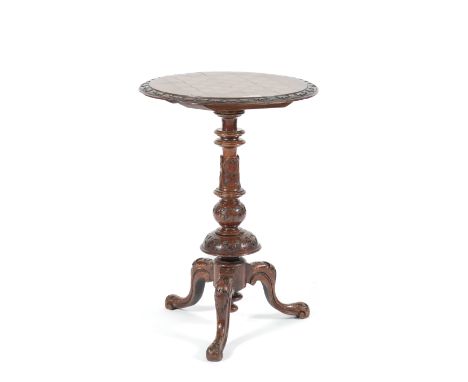 A VICTORIAN FIGURED WALNUT CIRCULAR TRIPOD TABLEWith inlaid chessboard top; 52cm diameter; 73cm high