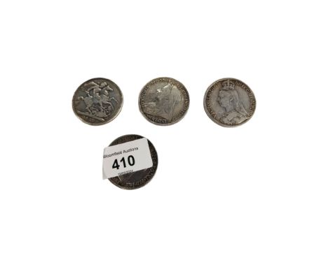 4 VICTORIAN SILVER CROWN COINS 