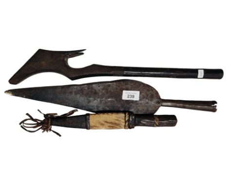 ANTIQUE SPEARHEAD, TRIBAL CLUB &amp; DAGGER WITH SHEATH 