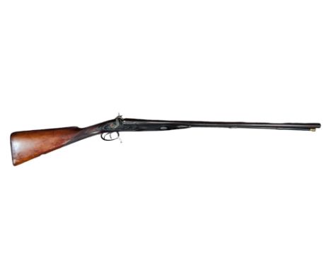 I HOLLIS &amp; SONS LONDON. DOUBLE BARREL MUX=ZZLE LOAD SIDE BY SIDE SHOTGUN. MECHANISM WORKING. LOCKS ENGRAVED WITH HUNTING 