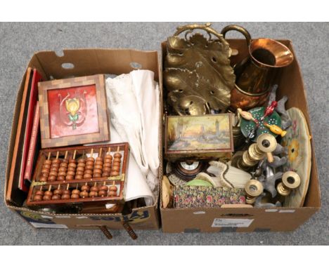 A quantity of collectors items including brass candlesticks, copper jug, two chess sets, art nouveau pottery tile, collectors