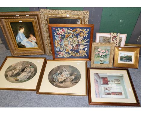 A group of pictures and prints to include a study of a mother and child playing cards, a pair of French prints embroidered be