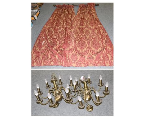 A reeded mahogany curtain pole together with a pair of red and gold silk curtains and a pair of modern eight light patinated 