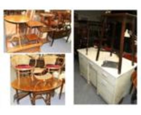 Group of furniture comprising gateleg dining table, two canework chairs, two similar stools, painted pine dresser base, five 