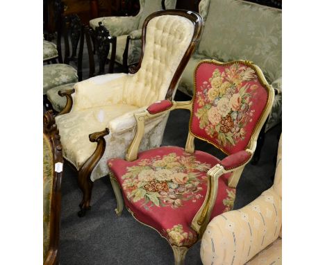 Mahogany framed button back armchair, together with a reproduction painted and upholstered fauteuil