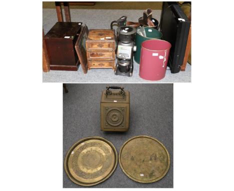 A group of miscellaneous including two Middle Eastern brass table tops, a small specimen chest, a Chinese cabinet, a sage ele