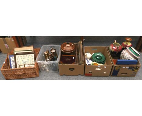 Assorted ceramics including two planters; plated wares; miner's lamp; copper items etc (five boxes)