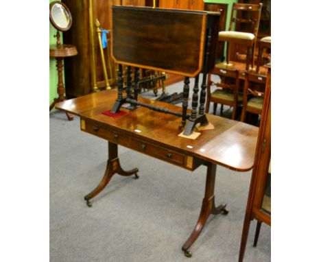 A Regency mahogany sofa table, together with an Edwardian mahogany and satinwood cross banded Sutherland table (2)