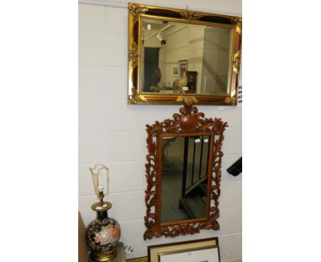 Two reproduction mirrors, one carved, one gilt together with a table lamp (3) 