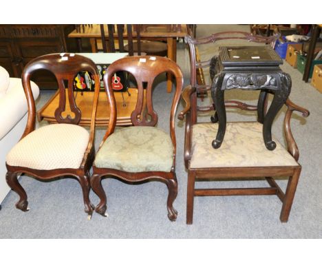 A George III mahogany ladder back armchair with out-swept arms and drop in seats, 60cm wide; an early 20th century Chinese eb