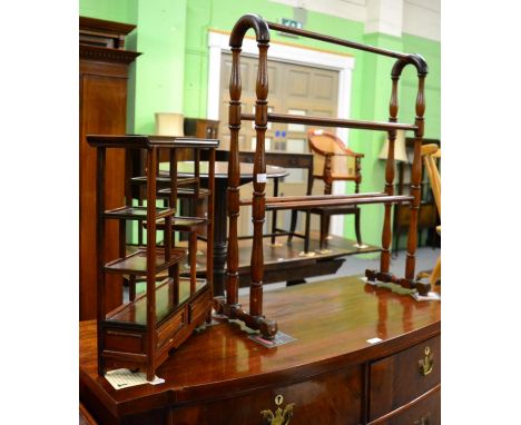 A stained pine towel rail and a Chinese miniature display shelf (2) 