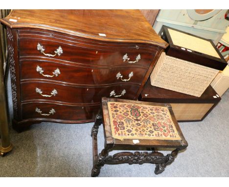 An oak stool, TV cabinet and two wicker boxes