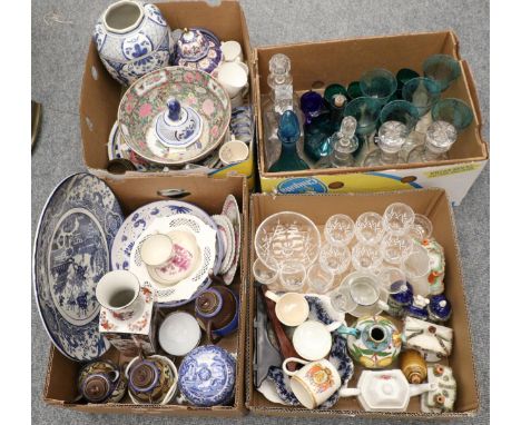 A quantity of decorative ceramics and glass 19th century and later including transfer printed cup and saucer, triple ring nec