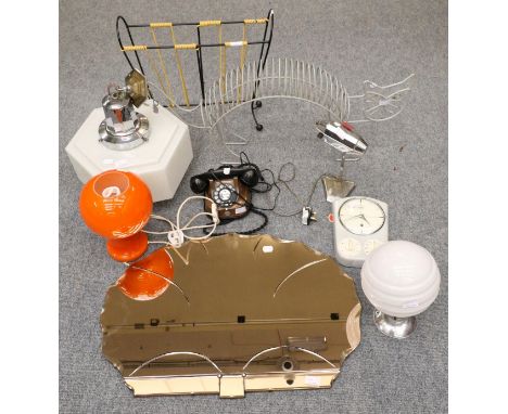 A group of 1950 and later decorative items including light fitting, telephone, lamp, mirror, magazine rack etc 