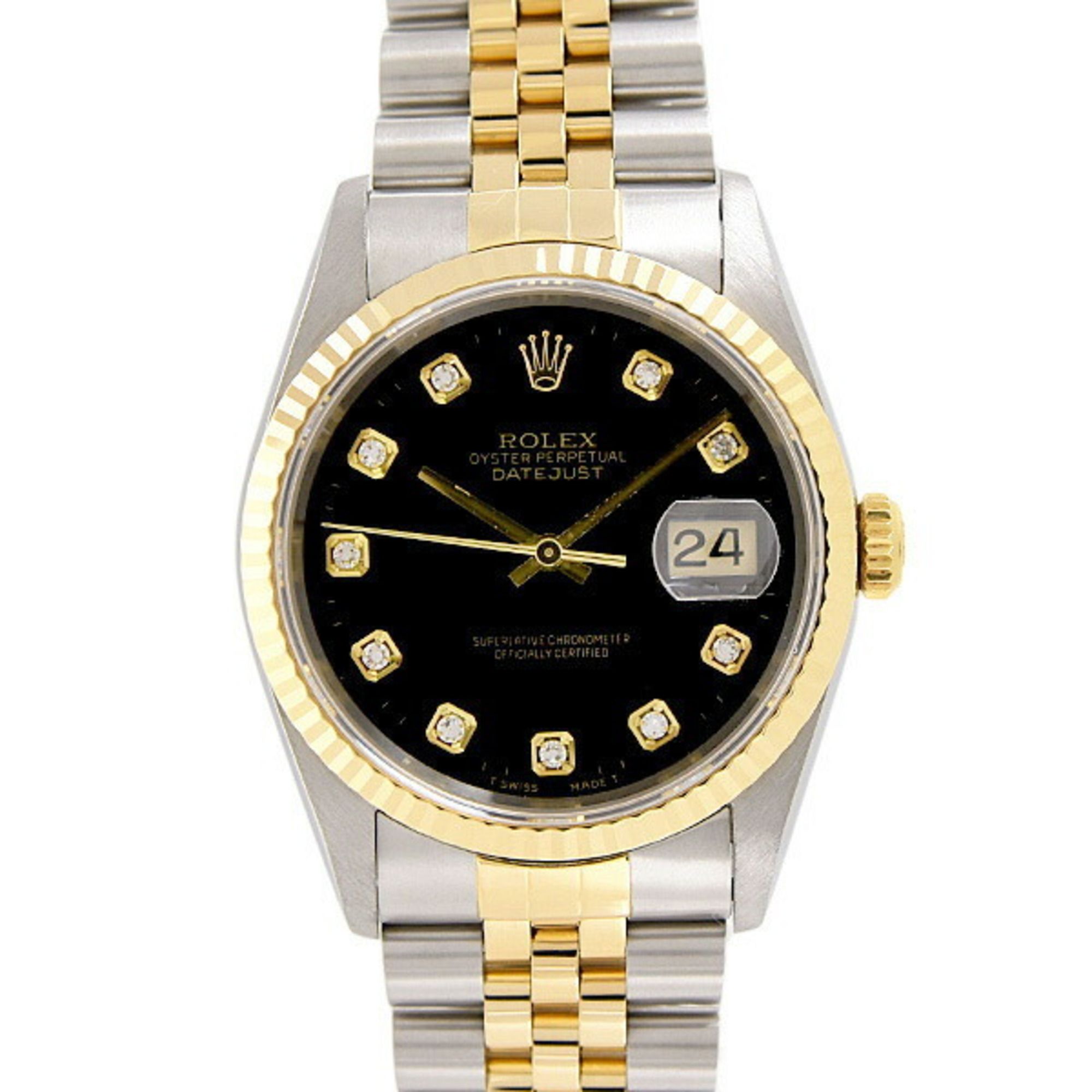 Rolex Men's Datejust Automatic Watch with 10 Diamonds, W Number, Black Dial, Stainless Steel and Yel