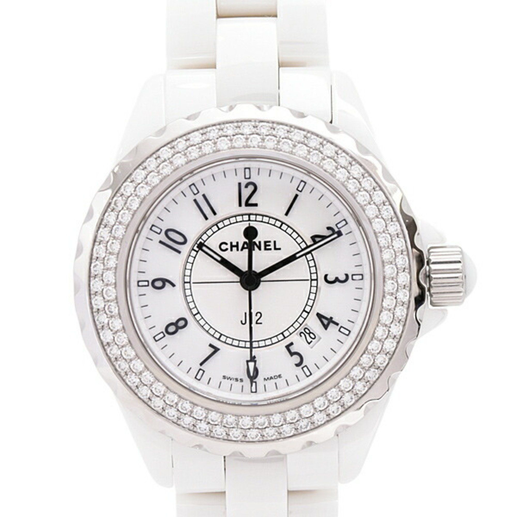 Chanel Watch for Women, J12, Date, 33mm, Double Diamond Bezel, Battery Operated, White Dial, CE, CHA