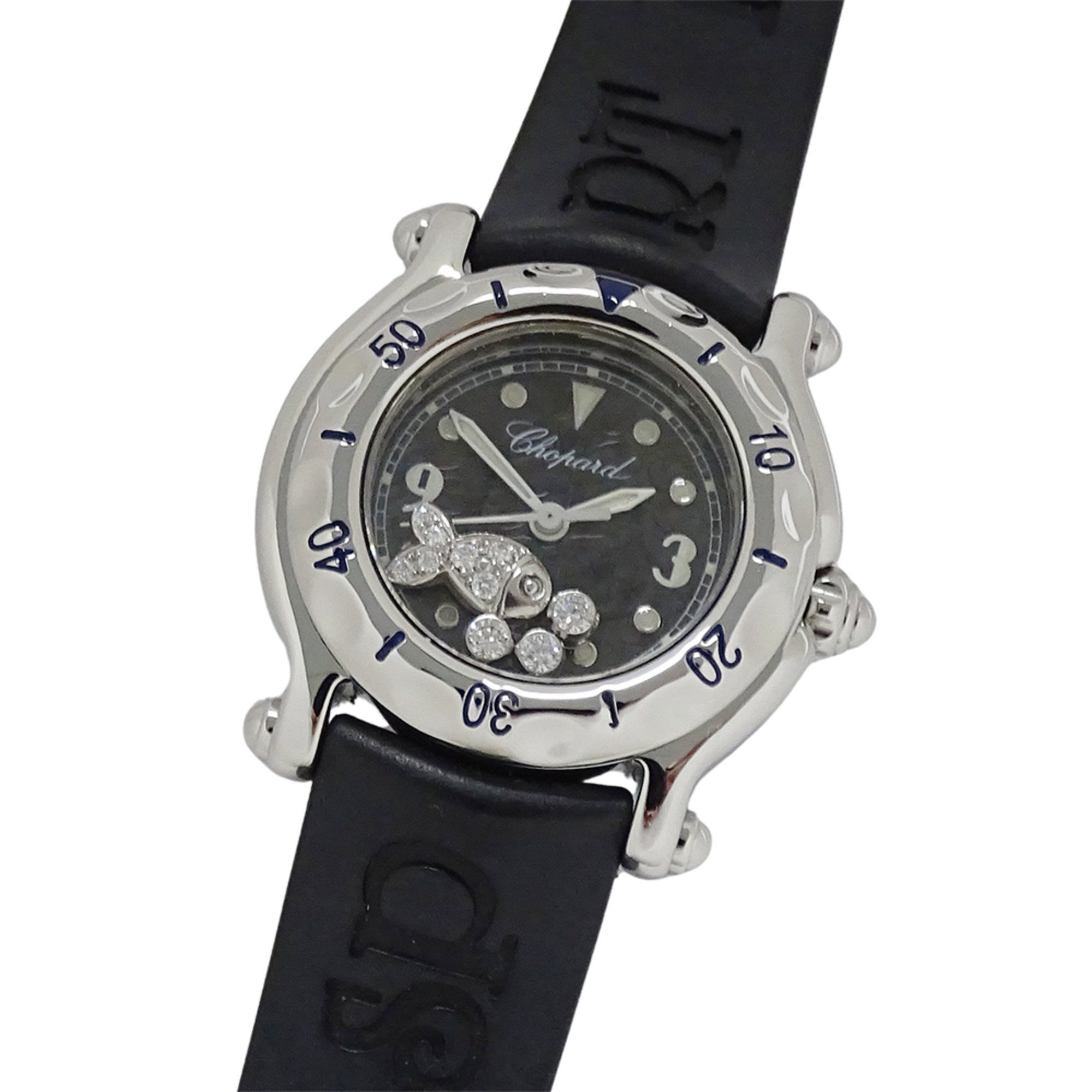 Chopard Happy Sport Fish Diamond Quartz Watch for Women, Stainless Steel, Rubber, Silver, Black, Pol