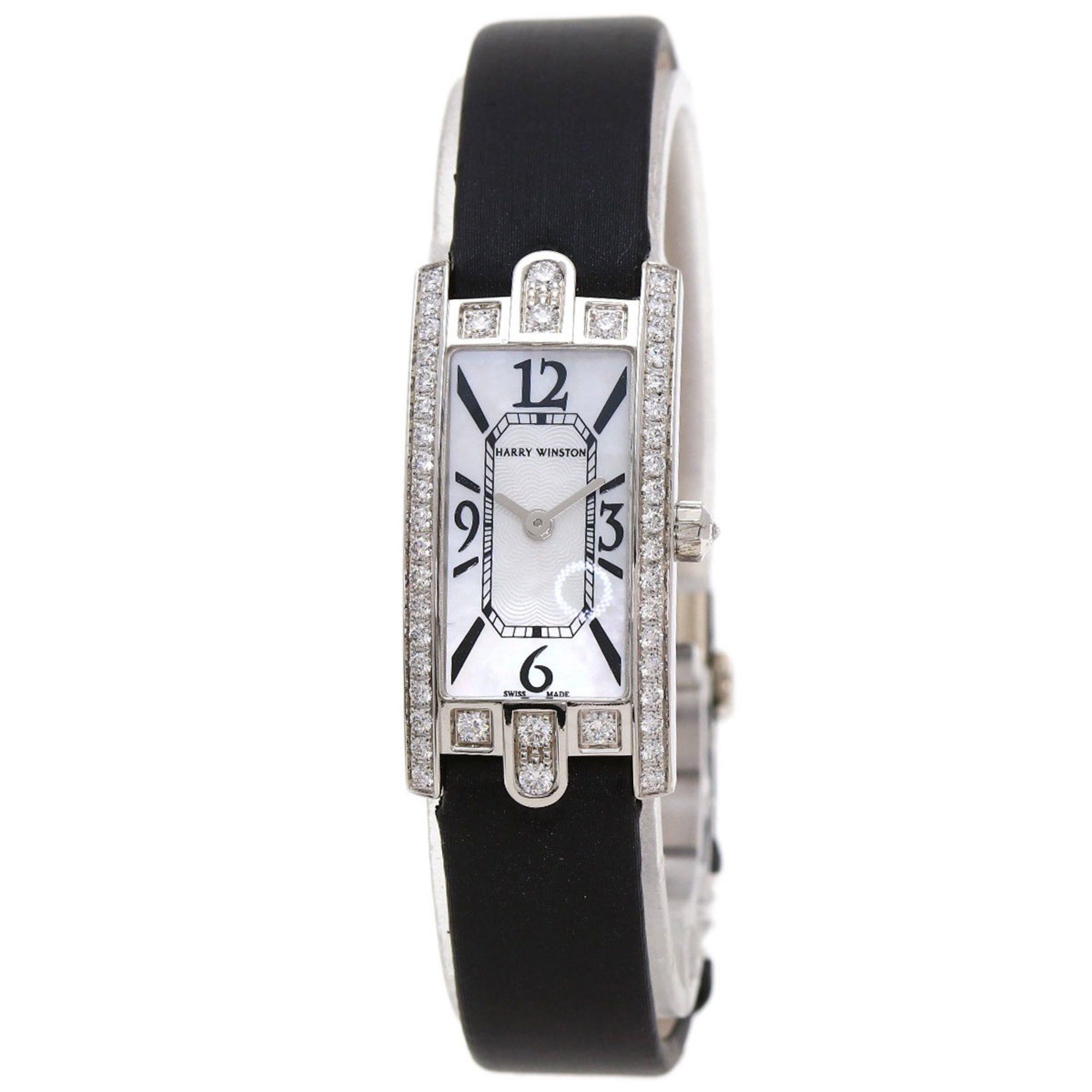 Harry Winston AVCQHM16WW024 Avenue C Mini Watch, 18K White Gold with Leather and Satin, Diamonds, Wo