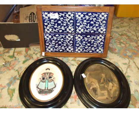 2 OVAL PICTURES 1 ORIENTAL STYLE, 1 PRINT OF SCHOOL BOY, AND 4 FRAMED BLUE AND WHITE TILES 