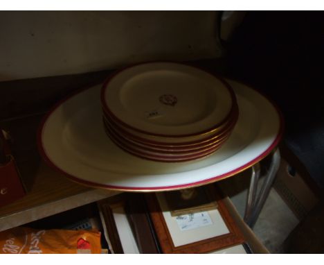 LARGE MEAT PLATTER MARKED 'R' AND 6 PLATES