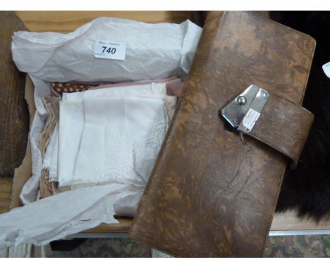 BOX OF VINTAGE HANDKERCHIEFS AND HANDKERCHIEF AND GLOVE POUCH (A/F)