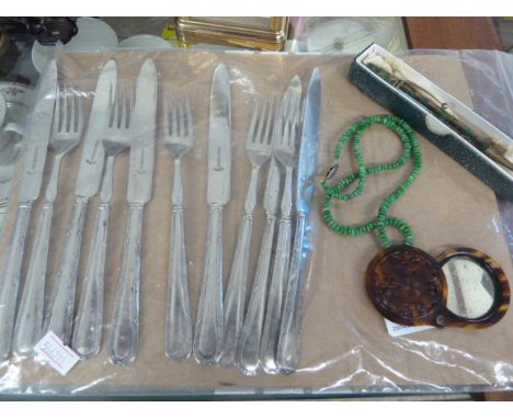 WHITE METAL FRUIT KNIVES AND FORKS MARKED SILVA, GREEN AND GOLD PROPELLING PENCIL, GREEN ?JADE NECKLACE AND SMALL FAUX TORTOI