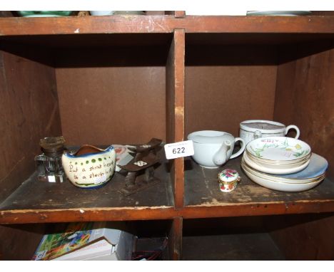 2 INVALID FEEDERS, TRINKET DISHES, INKWELL, PIECE OF TORQUAY WARE, PLAYING CARDS AND 2 MINIATURE TRIBAL HEADRESTS 