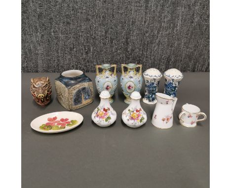 A group of good ceramic pieces including a Moorcroft dish, Troika vase, Mason salts, Crown Derby pieces etc.