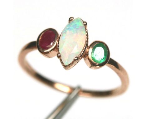 A rose gold on 925 silver ring set with marquise cut opal, ruby and emerald, (M).