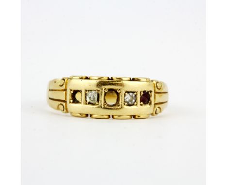 An 18ct yellow gold ruby and diamond set ring, (R ). Two stones missing. Approx 4.1g.