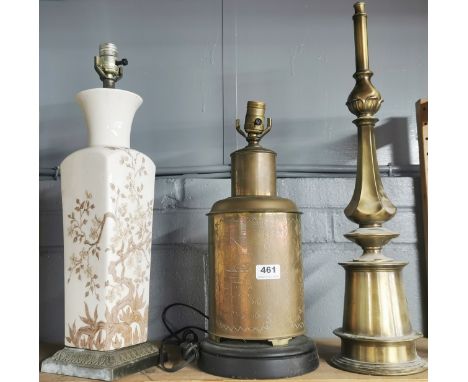 Three vintage table lamp bases, tallest L. 60cm.