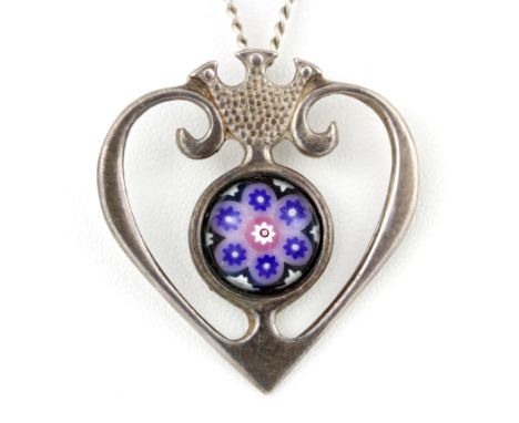 A hallmarked silver Caithness glass millefiori silver heart pendant on a white metal chain, L. 52cm.