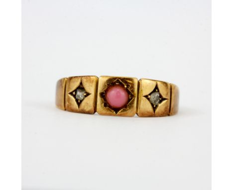 A hallmarked 15ct yellow gold coral and diamond set ring, (L.5). Approx. 2g.