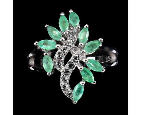 A 925 silver ring set with marquise cut emeralds and white stones, ring size N.5.