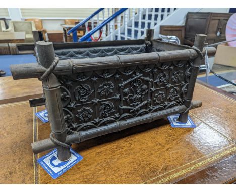 A rectangular Victorian style faux bamboo cast iron planter, width 60cm, depth 30cm, height 32cm