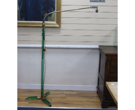 An unusual sectional green glass and brass standard lamp, height 154cm