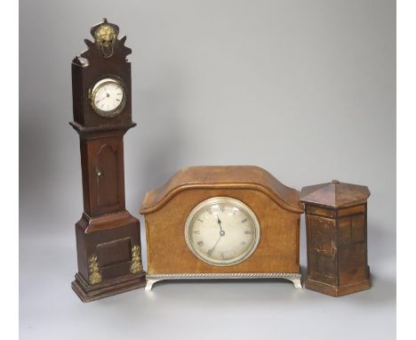 A late Georgian miniature longcase clock with pocket watch dial, puzzle coin box and mantel clock 36cm