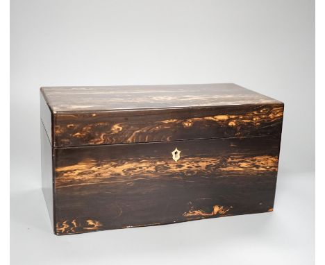 A Victorian coromandel wood tea caddy (lacking mixing bowl), height 17cm