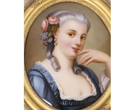 19th century French School, reverse painting on glass, Portrait of a lady, oval, 45 x 36cm