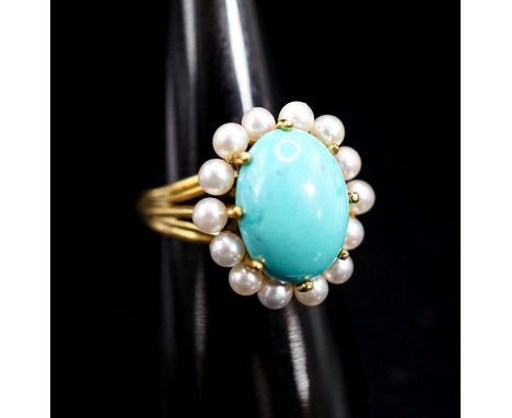 An 18ct, turquoise and cultured pearl set cluster ring, size N, gross 9 grams.
