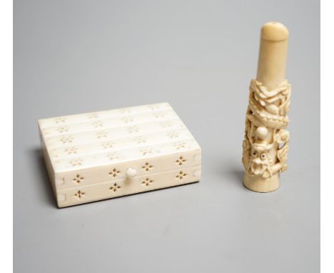 A Chinese ivory cigarette case, 8 x 6cm, and a Chinese carved ivory cheroot holder