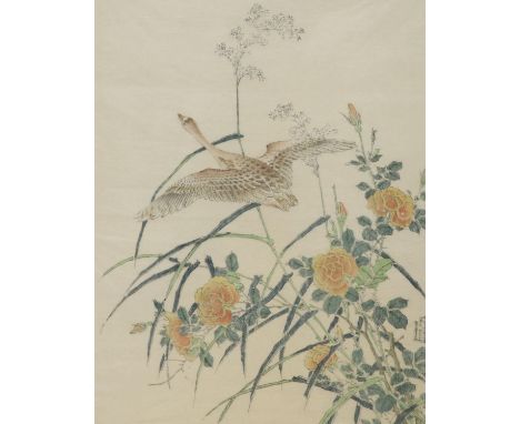 Chinese School, hand coloured woodblock print, Goose and flowering plants, 47 x 37cm